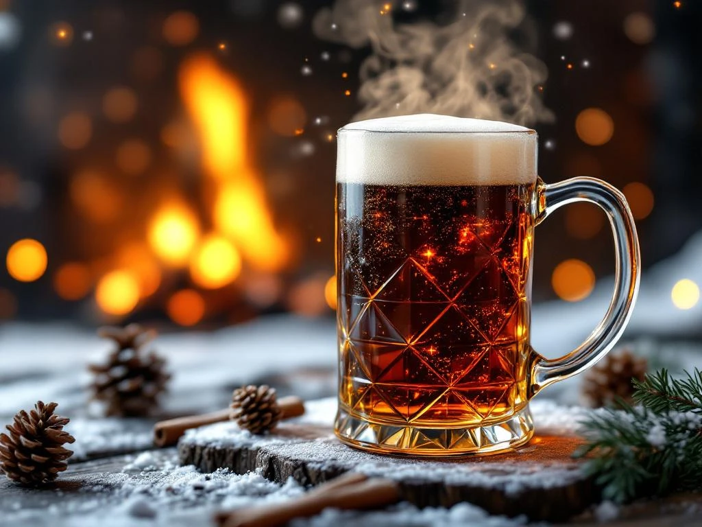 Donkere amber winter Bock bier in elegant glas op houten planken met sneeuw, omringd door kaneelstokjes en dennenappels