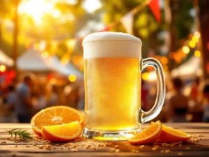 Recepten en Blog 6 Berijpt glas met troebel witbier en schuimkraag op levendig bierfestival met oranje garnering en koriander