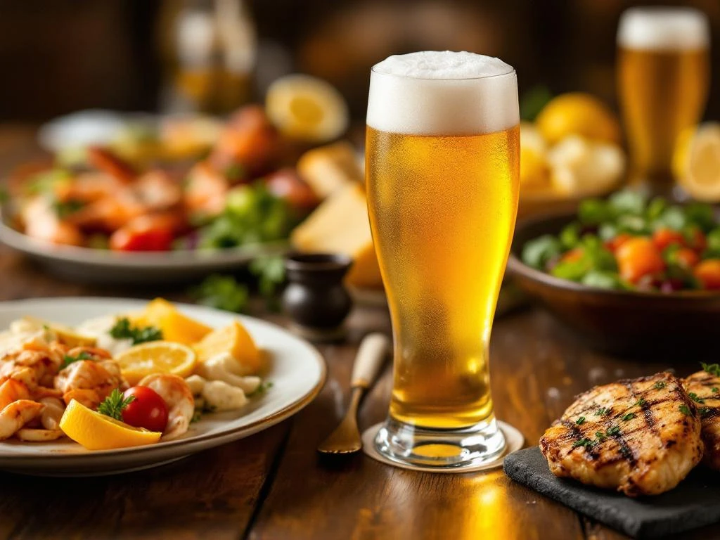 Glas goudkleurige witbier met schuimkraag naast gourmet gerechten op houten tafel in warme sfeerverlichting