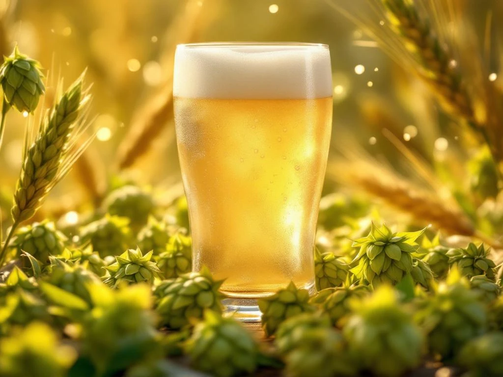 Glas troebel witbier met schuimkraag omringd door verse hopbellen en tarwestengels in gouden zonlicht