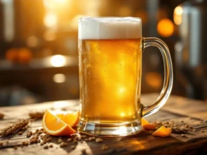 Recepten en Blog 1 Helder glas witbier met tarwekorrels en sinaasappelschil op rustieke houten bar in brouwerij