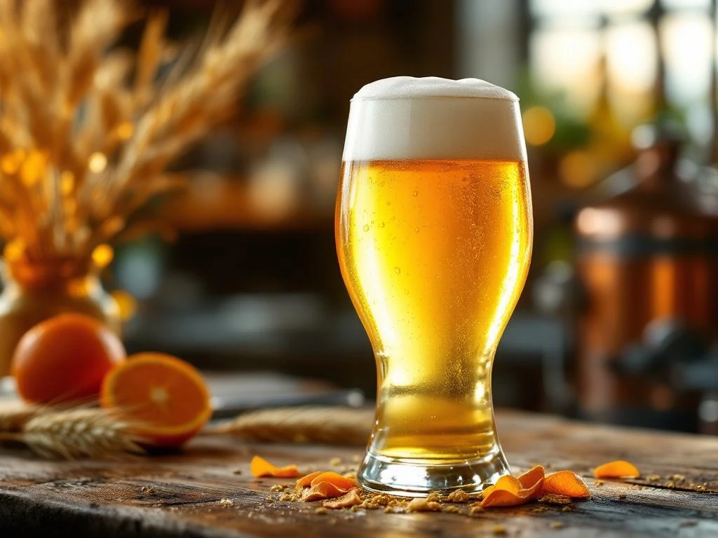 Witbier glas met troebel gouden bier en schuimkraag op houten bar, omringd door sinaasappelschil en koriander kruiden