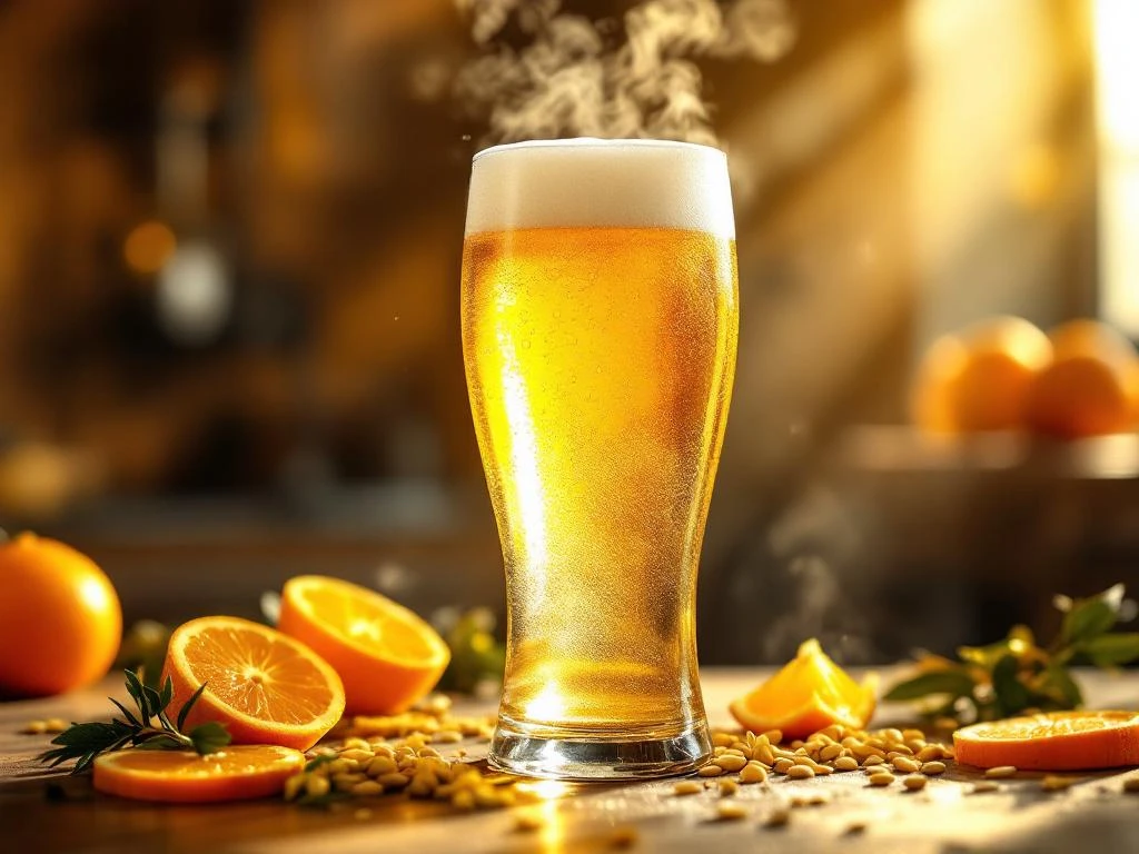 Glas witbier met witte schuimkraag, omringd door sinaasappelschijfjes en korianderzaadjes in brouwerijomgeving