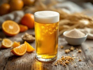 Glas gouden witbier met witte schuimkraag op houten tafel, omringd door sinaasappelschijfjes en tarwehalmen