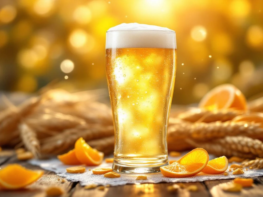 Glas heldere tarwebier met schuimkraag op houten tafel, omringd door tarwehalmen en sinaasappelschil in gouden licht