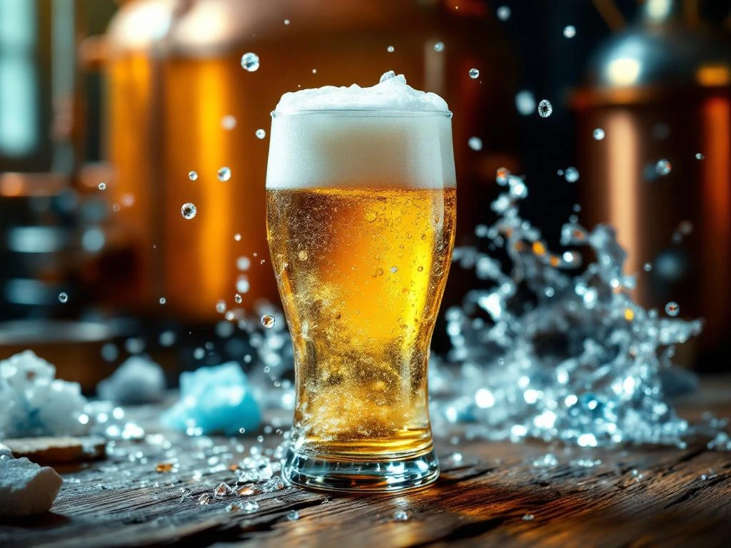 Glas gouden witbier met schuimkraag op houten tafel, omringd door zwevende waterdruppels en mineraalkristallen