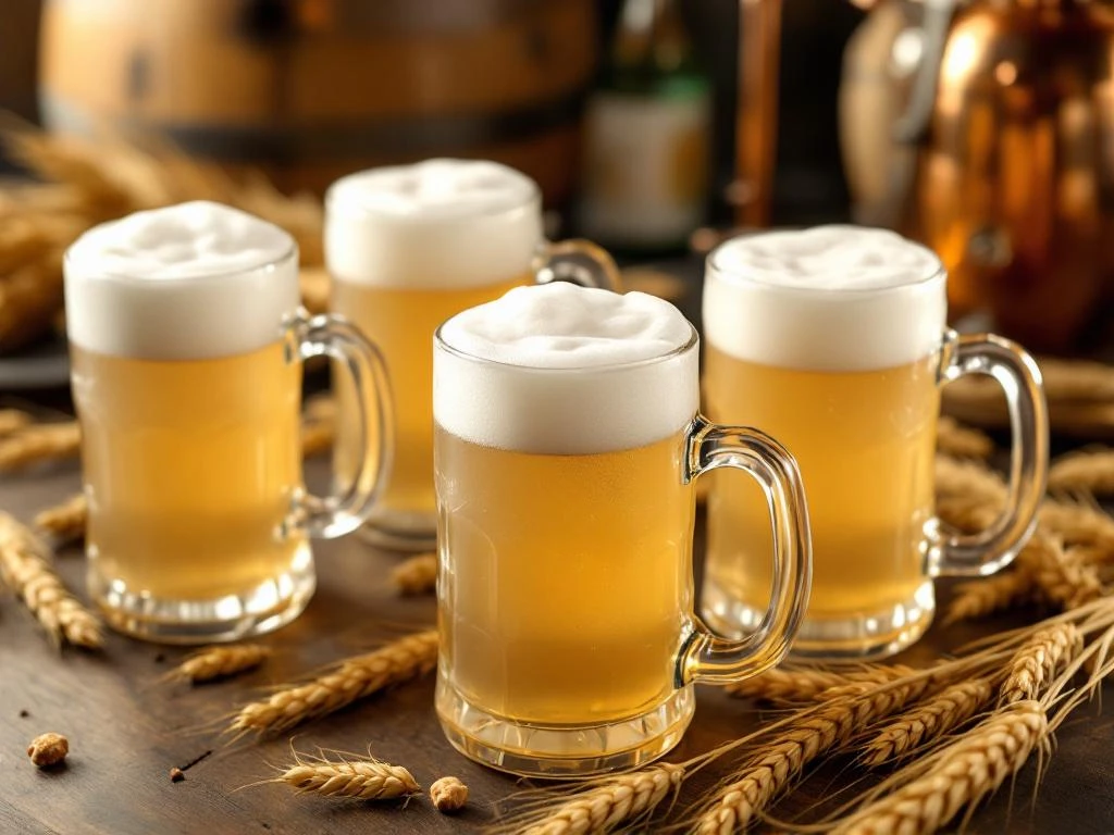 Frosted glazen mokken gevuld met witbier met schuimkraag op rustieke houten tafel met tarwestengels en brouwerijapparatuur