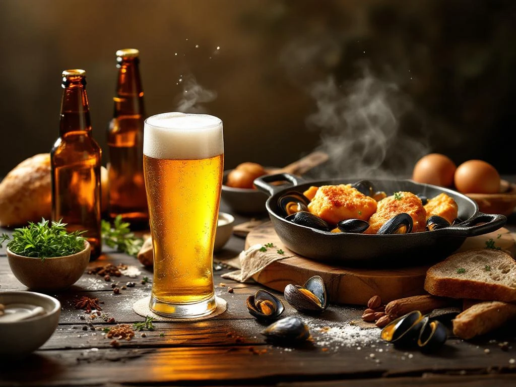 Gouden witbier wordt ingeschonken naast biergerechten met vis, mosselen en verse ingrediënten op houten tafel