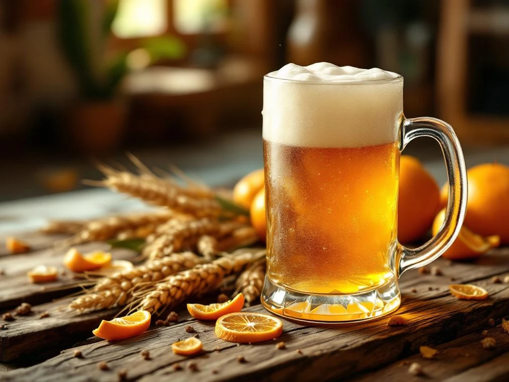 Bevroren glazen mok met troebel witbier op houten planken, omringd door tarwestengels en sinaasappelschil