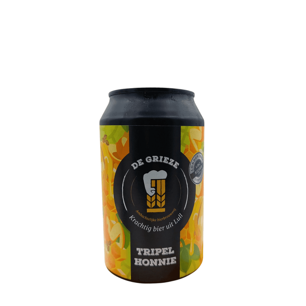 Tripel Honnie blik speciaalbier van Brouwerij De Grieze, gouden tripel met honing