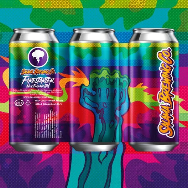 Firestarter NEIPA – vurige NEIPA van Salama Brewing, blik met opvallende vuur- en neonkleuren