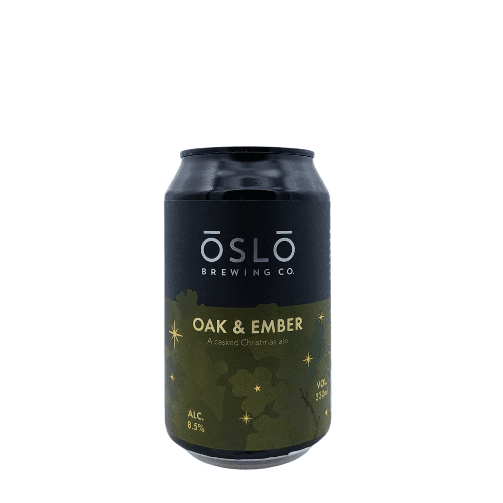 Oslo Brewing Oak & Ember BA – blik barrel-aged Belgian Golden Ale, zwart-groen label, 8,5% alc., productfoto op wit