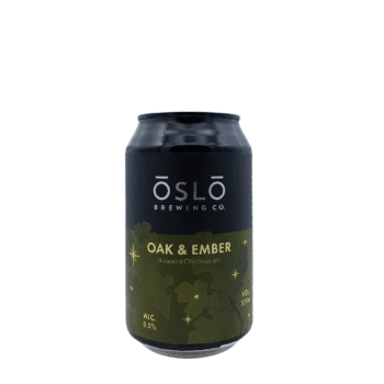 Oslo Brewing Oak & Ember BA – blik barrel-aged Belgian Golden Ale, zwart-groen label, 8,5% alc., productfoto op wit
