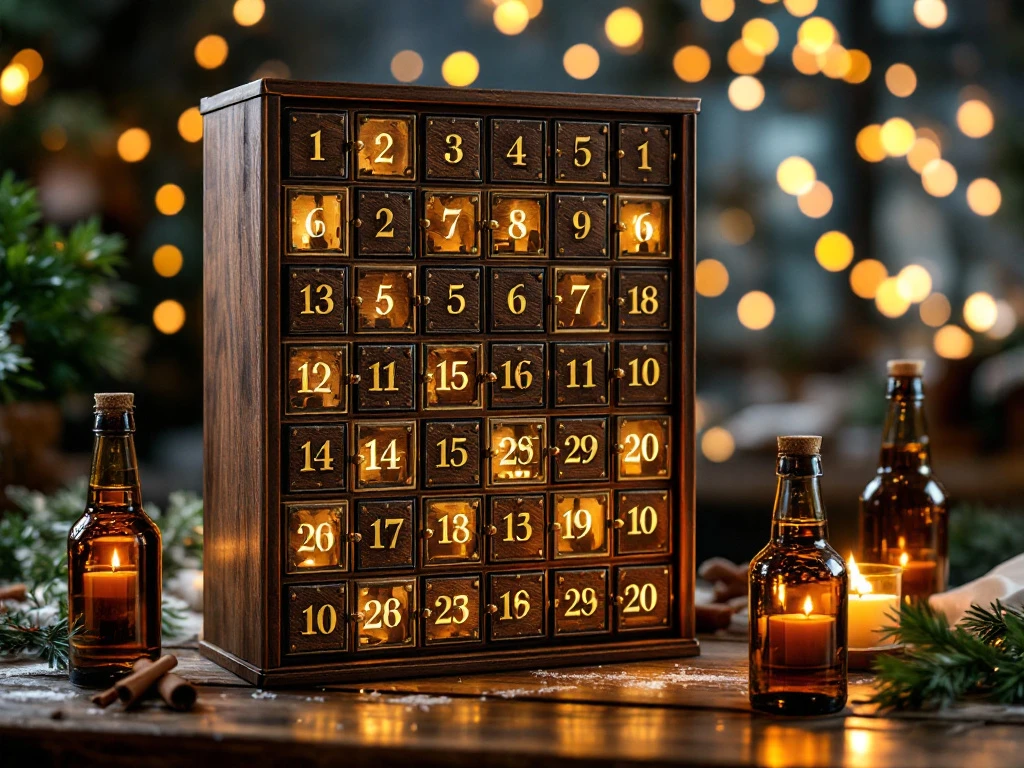 Houten adventskalender met 24 deurtjes en gouden cijfers op rustieke tafel met ambachtelijke bierflesjes en kerstversiering