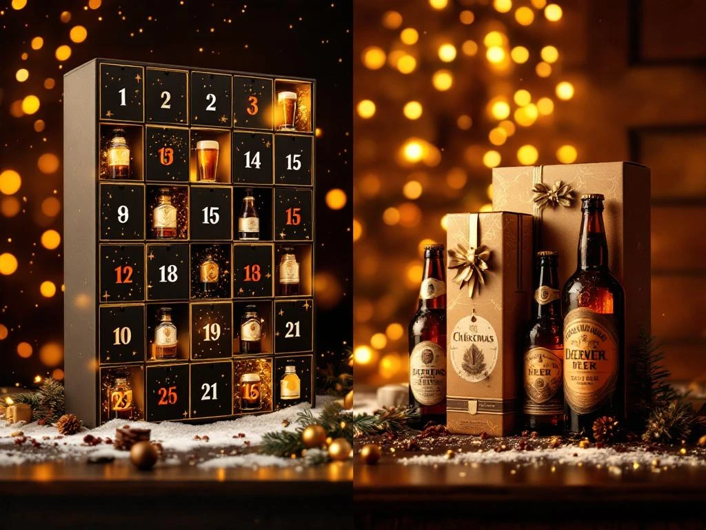 Luxe bier adventskalender met 24 vakjes en premium craft beer cadeaupakket met ambachtelijke flessen op houten achtergrond