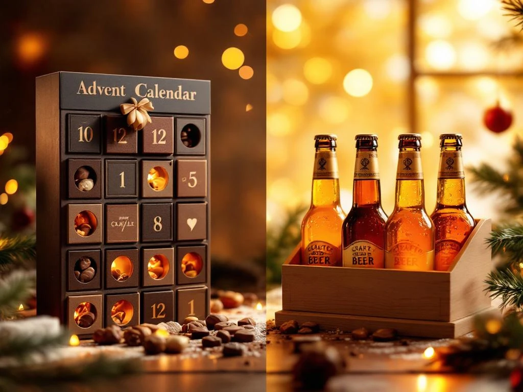 Chocolade adventskalender links naast premium bier adventskalender rechts, omringd door kerstdecoratie en dennentakken