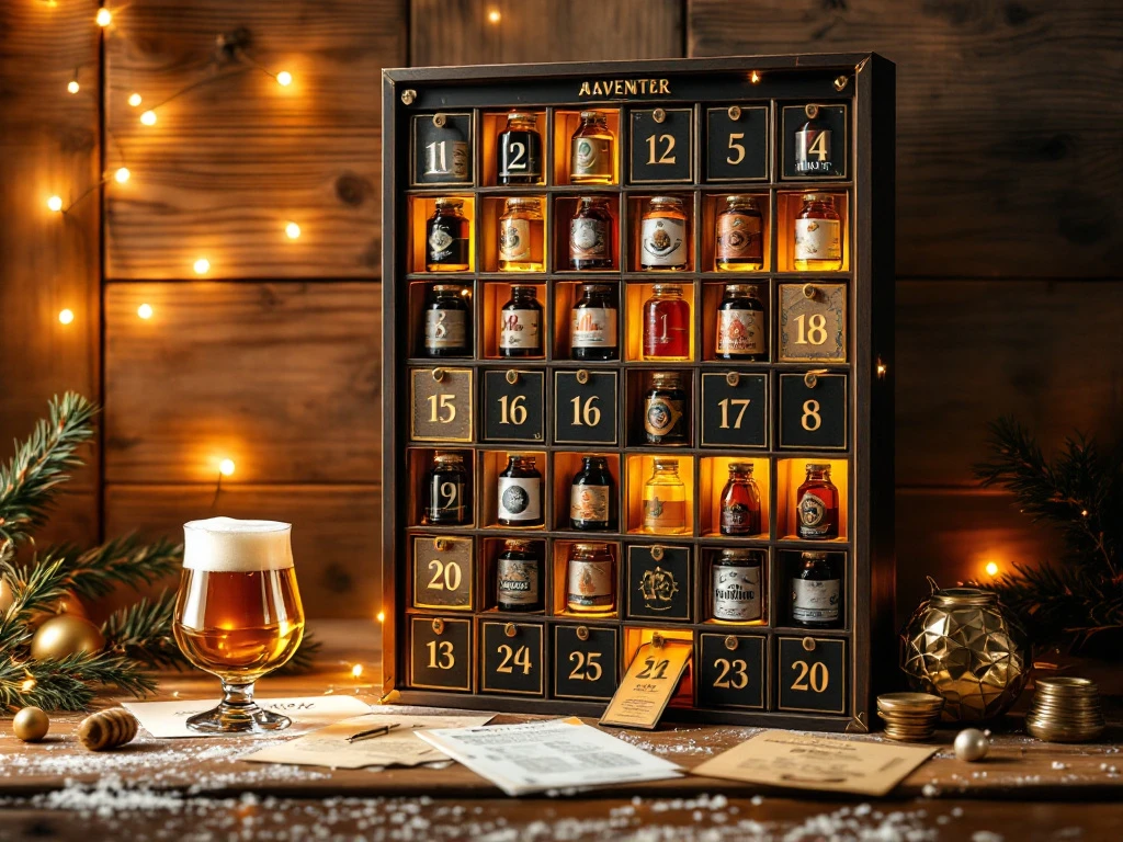 Adventskalender met 24 genummerde vakjes gevuld met craft bierflessen, proefglas en kerstdecoratie op houten achtergrond