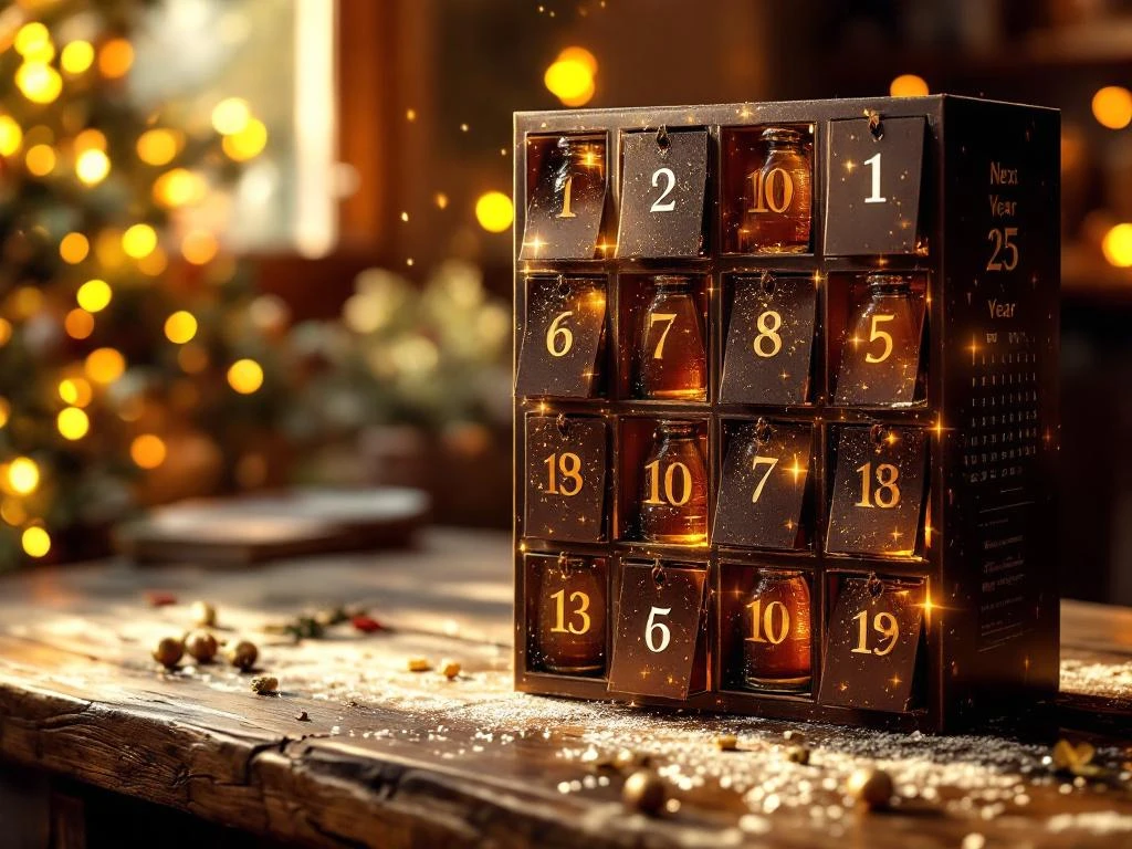 Bier adventskalender op houten tafel met geopende vakjes vol ambachtelijke bierflessen in warm gouden licht