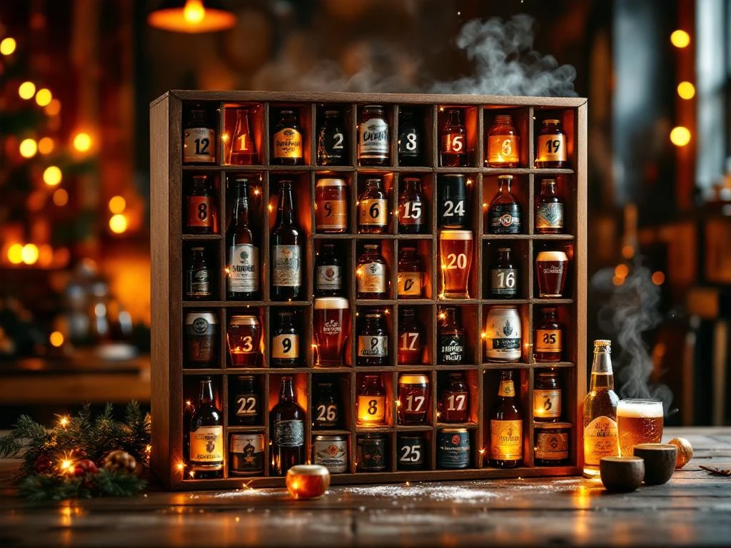 Bier adventskalender met 24 vakjes gevuld met diverse craft bieren in warme verlichting tegen rustieke achtergrond