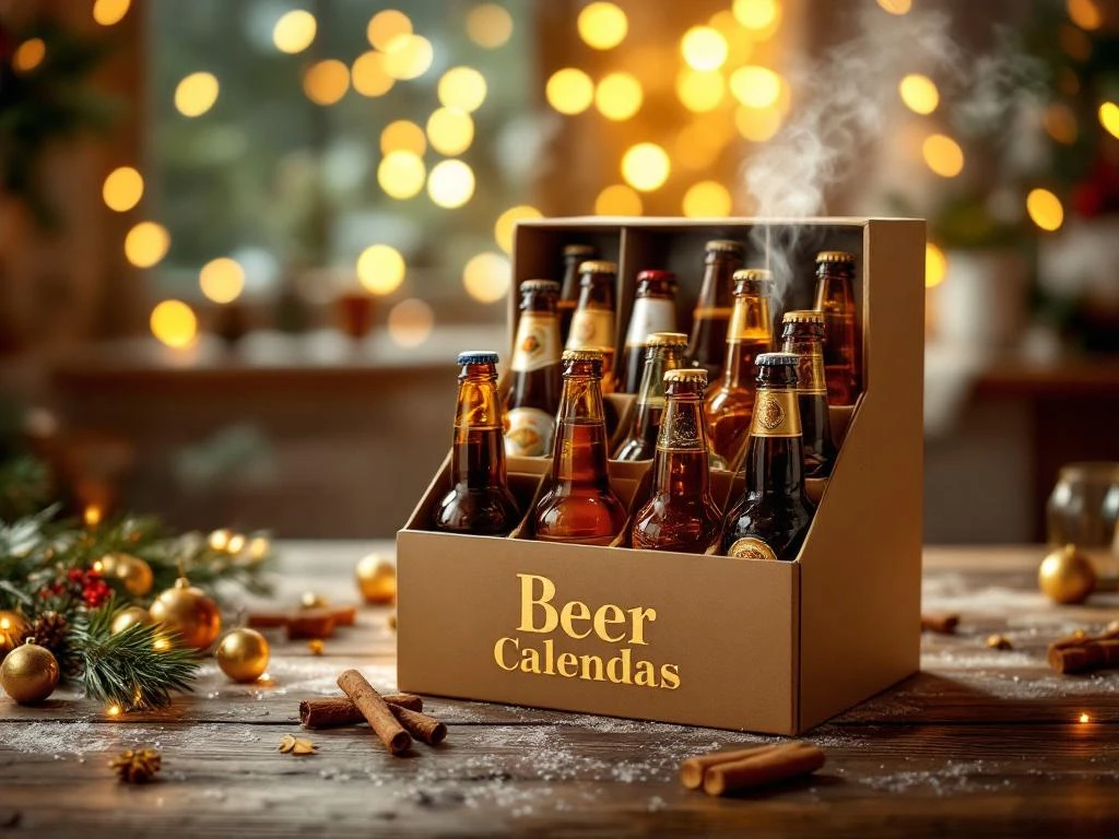 Bier adventskalender met 24 vakjes gevuld met ambachtelijke bieren op houten tafel met kerstdecoratie