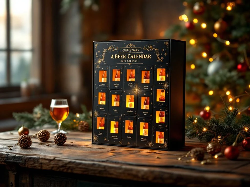 Bier adventskalender met 24 vakjes vol craft bieren op rustieke houten tafel, omringd door kerstdecoratie