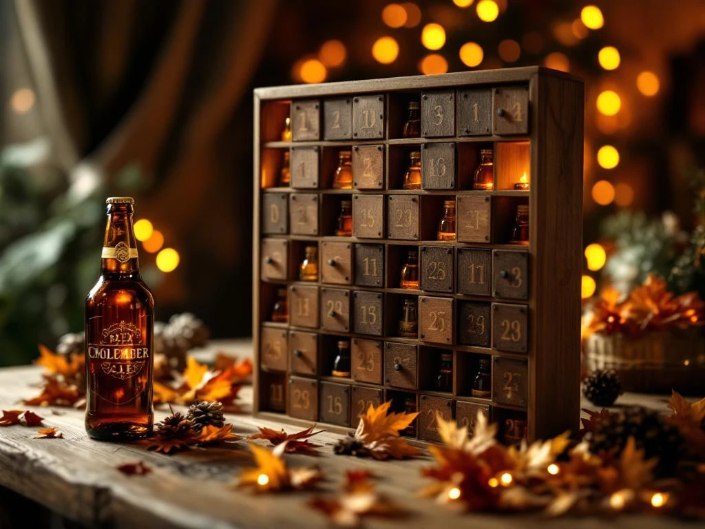 Houten adventskalender met 24 vakjes gevuld met ambachtelijke bierflessen op rustieke eiken tafel met herfstbladeren