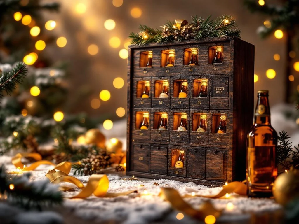 Houten adventskalender met 24 vakjes gevuld met ambachtelijke bierflessen, omgeven door dennentakken en gouden lint