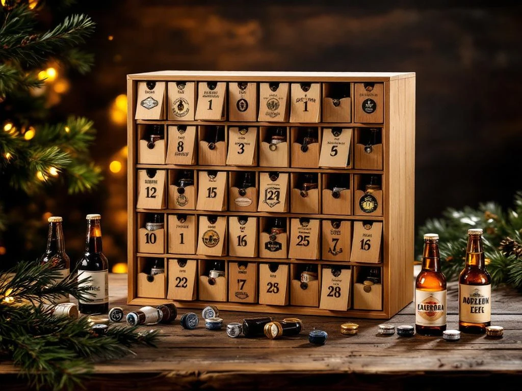Bier adventskalender met 24 houten vakjes gevuld met ambachtelijke bieren op rustieke houten tafel met kerstdecoratie