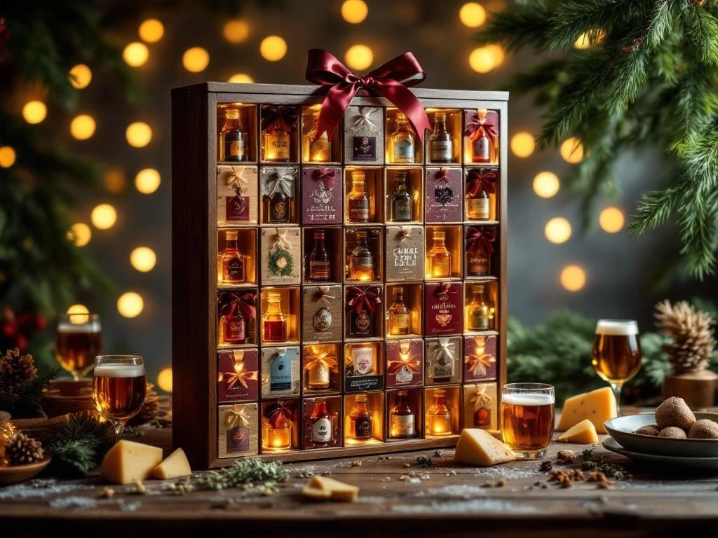 Adventskalender met 24 ambachtelijke bierflesjes in houten vakjes, omgeven door kaas, proefglazen en kerstversiering