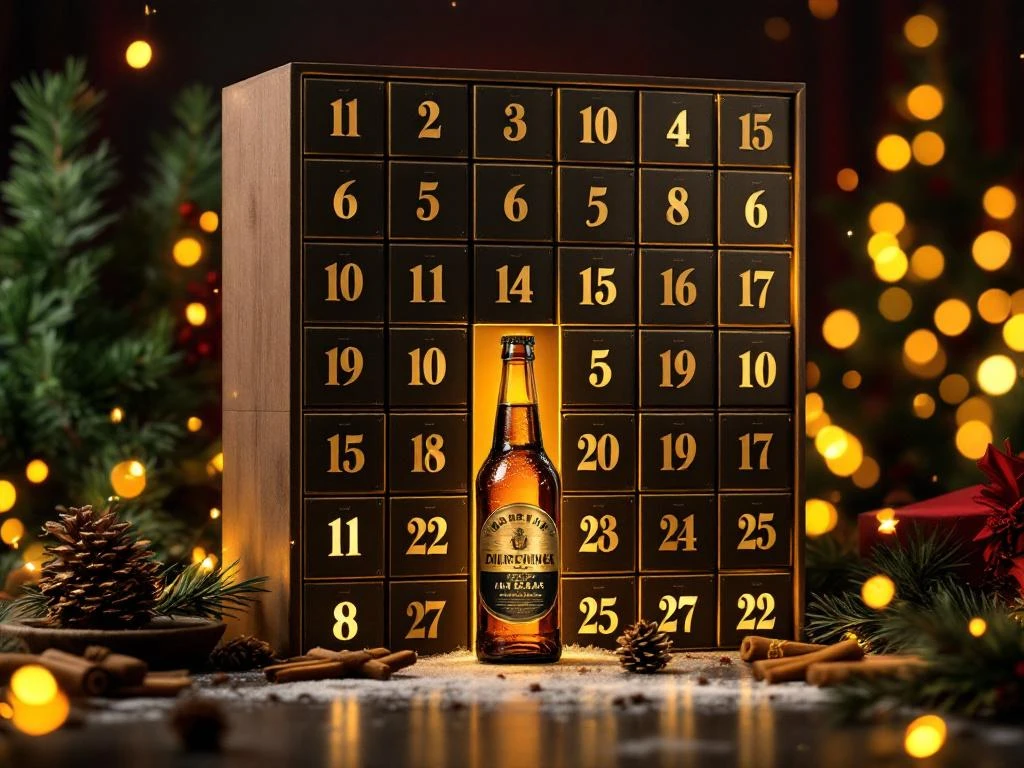 Bier adventskalender met 24 genummerde vakjes gevuld met craft bieren, kerstversiering en warme sfeerverlichting