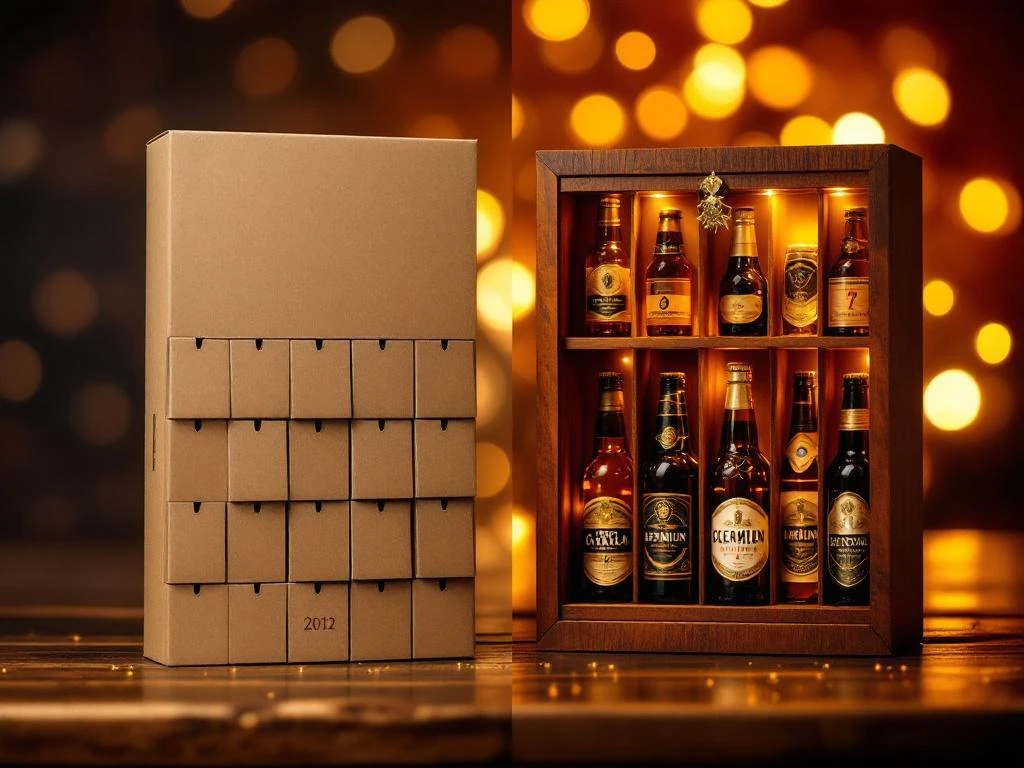 Twee bier adventskalenders naast elkaar: eenvoudige kartonnen versie links, luxe houten premium kalender rechts