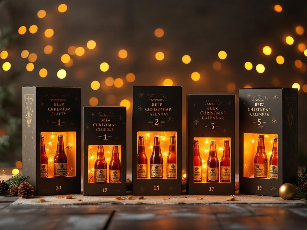 Vijf premium bier adventskalenders met ambachtelijke flessen in feestelijke kerstverlichting display