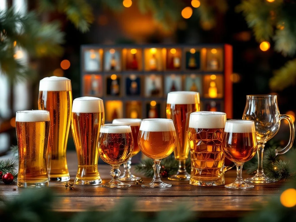 Verschillende bierglastypen op houten tafel met kerstbier adventskalender en dennentakken decoratie op achtergrond