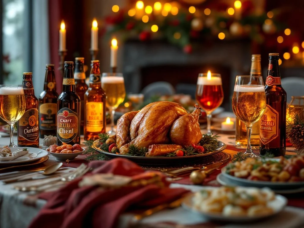 Kerst diner tafel met gebraden kalkoen, kerstgerechten, adventskalender met craft bieren en bierglazen bij kaarslicht