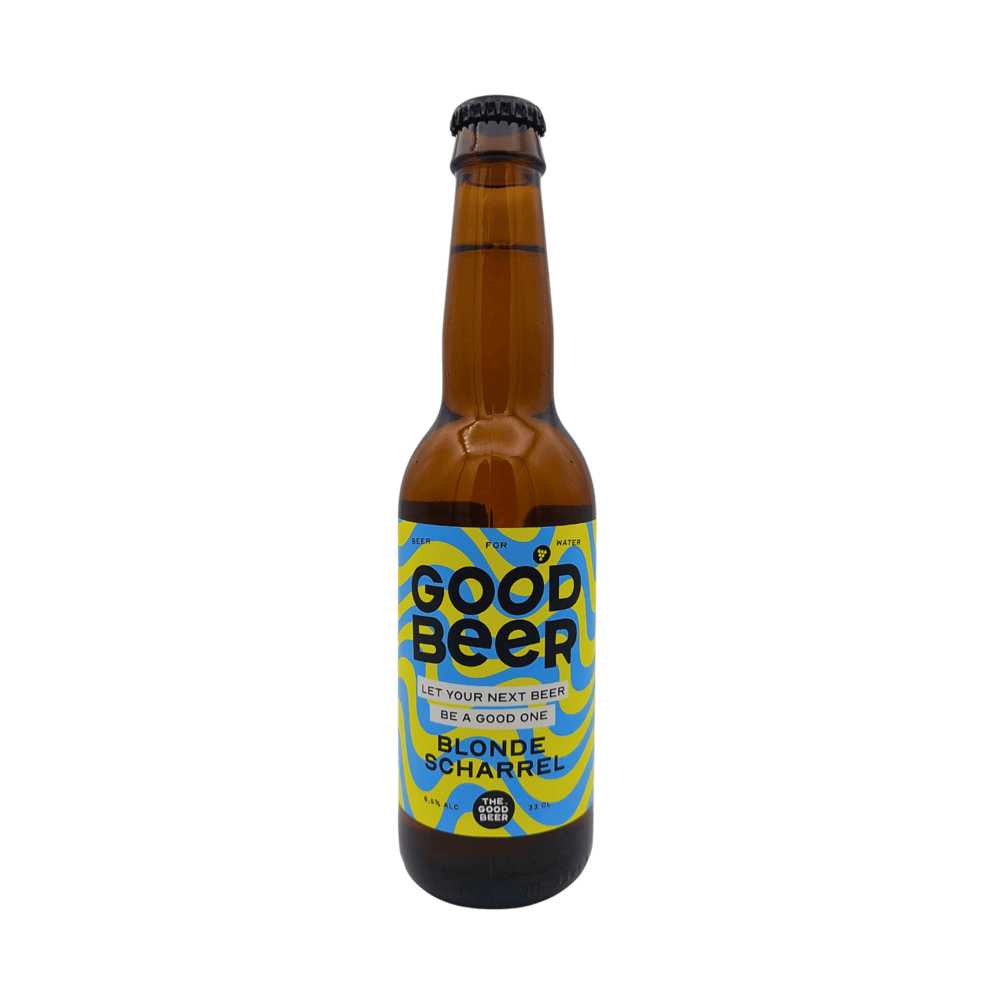 Blonde Scharrel Blond bier fles van The Good Beer, fruitig speciaalbier met banaan en vanille, ideaal voor in een bierpakket of om zelf een bierpakket samen te stellen bij My Dear Beer