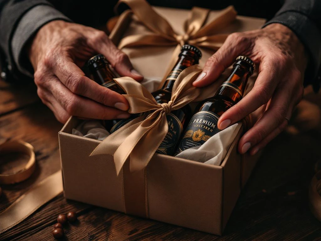 Mannenhanden pakken premium craft beer cadeauverpakking uit op houten tafel met gouden flessen zichtbaar