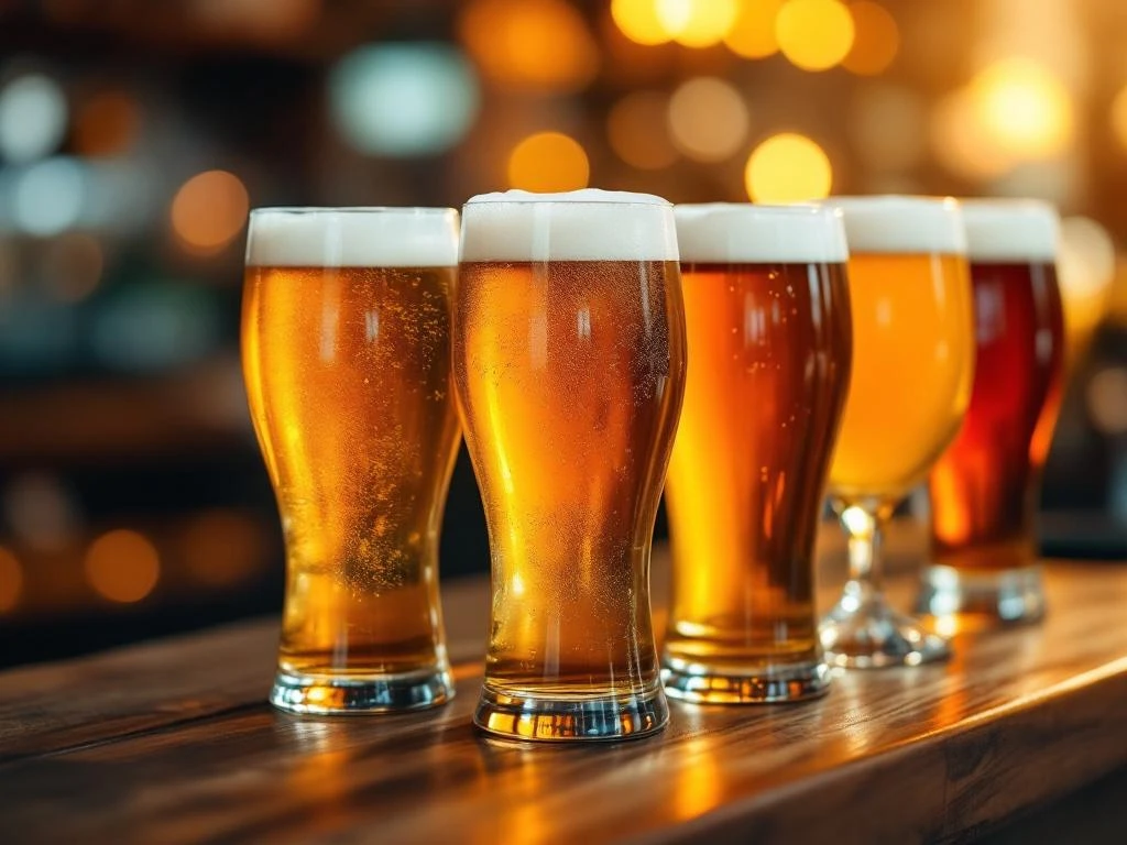 Vijf verschillende bierglazen met beginnersvriendelijke bieren op houten bar, van gouden tarwebier tot fruitbier