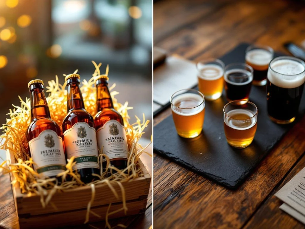 Craft bier cadeauset in houten doos en proeverij opstelling met verschillende bierstijlen op leisteen ondergrond
