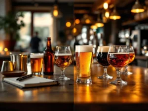 Split-screen bierproeverij: huiselijke keuken met craft bieren links, professionele proeflokaal rechts