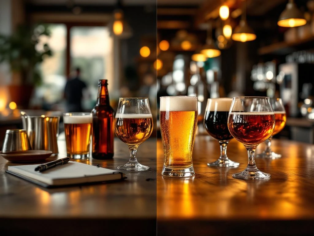 Split-screen bierproeverij: huiselijke keuken met craft bieren links, professionele proeflokaal rechts