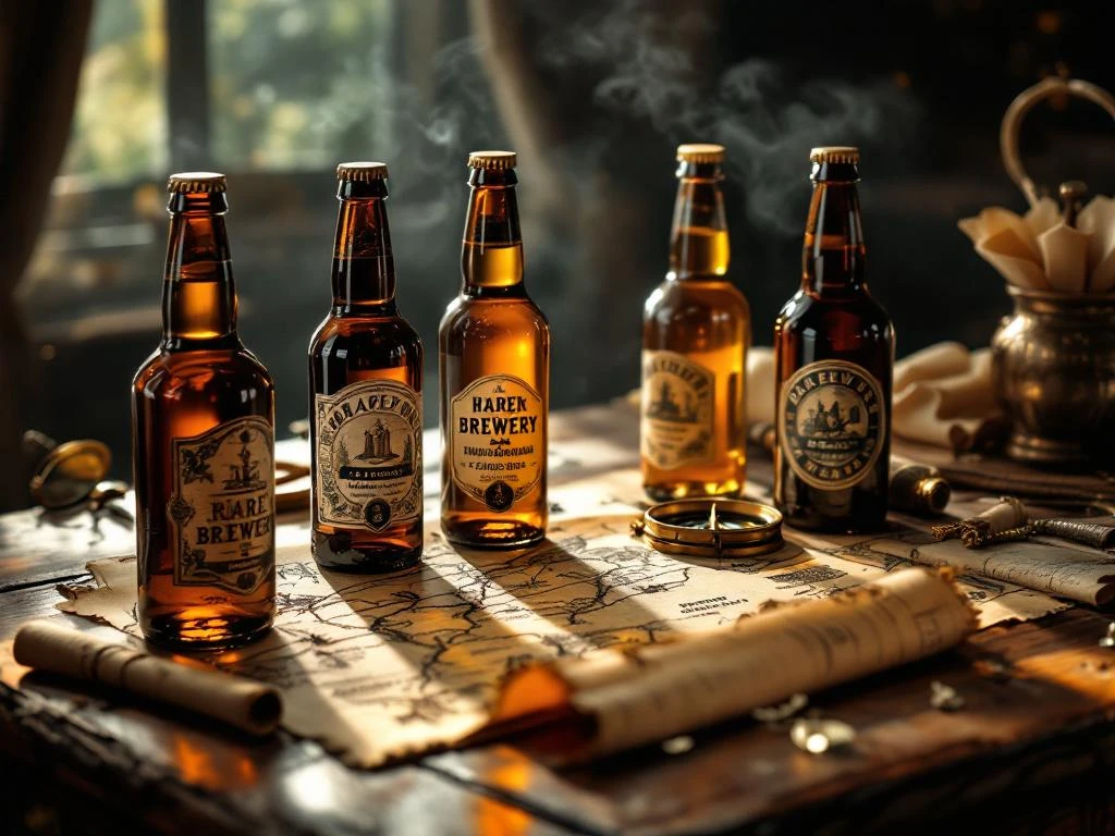 Artisanale bierflesjes op houten tafel met vintage schatkaart, kompas en vergrootglas in warm licht