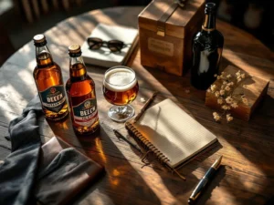 Premium Nederlandse craft bieren op houten tafel met vintage notitieboek, stropdas en cadeau voor Vaderdag