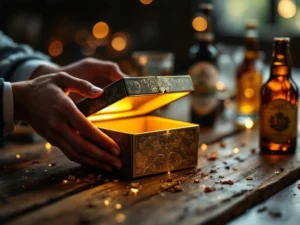 Elegante handen houden lege cadeaudoos met gouden interieur op houten tafel omringd door ambachtelijke bierflesjes