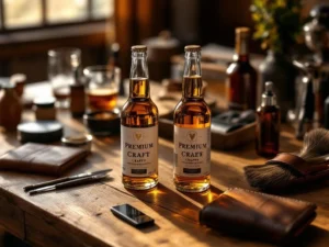 Ambachtelijke bierflesjes op houten tafel met leren portemonnee en herengeschenken in warme verlichting