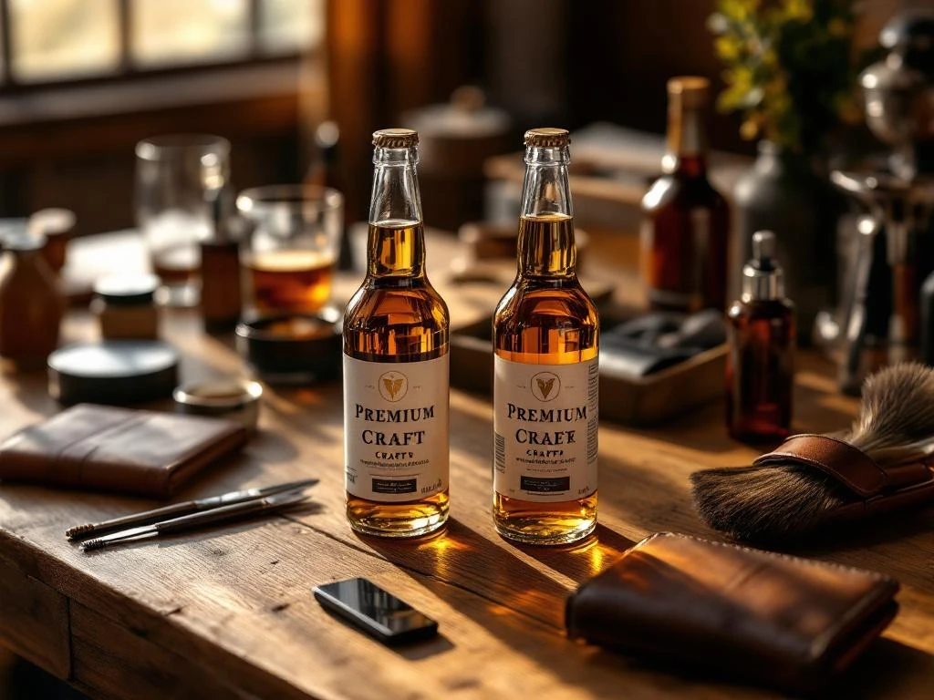 Ambachtelijke bierflesjes op houten tafel met leren portemonnee en herengeschenken in warme verlichting