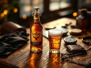 Ambachtelijk bierflesje en glas op houten tafel met vintage zakhorloge en leren accessoires voor Vaderdag