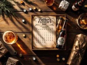 Elegante houten tafel met ambachtelijk bier cadeauset, Vaderdag kalender en bierglas met gouden schuim
