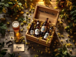 Houten cadeaubox vol premium craftbier flessen met Father's Day kaart en hop bloemen op rustieke tafel