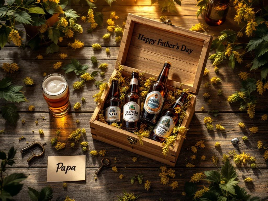 Houten cadeaubox vol premium craftbier flessen met Father's Day kaart en hop bloemen op rustieke tafel