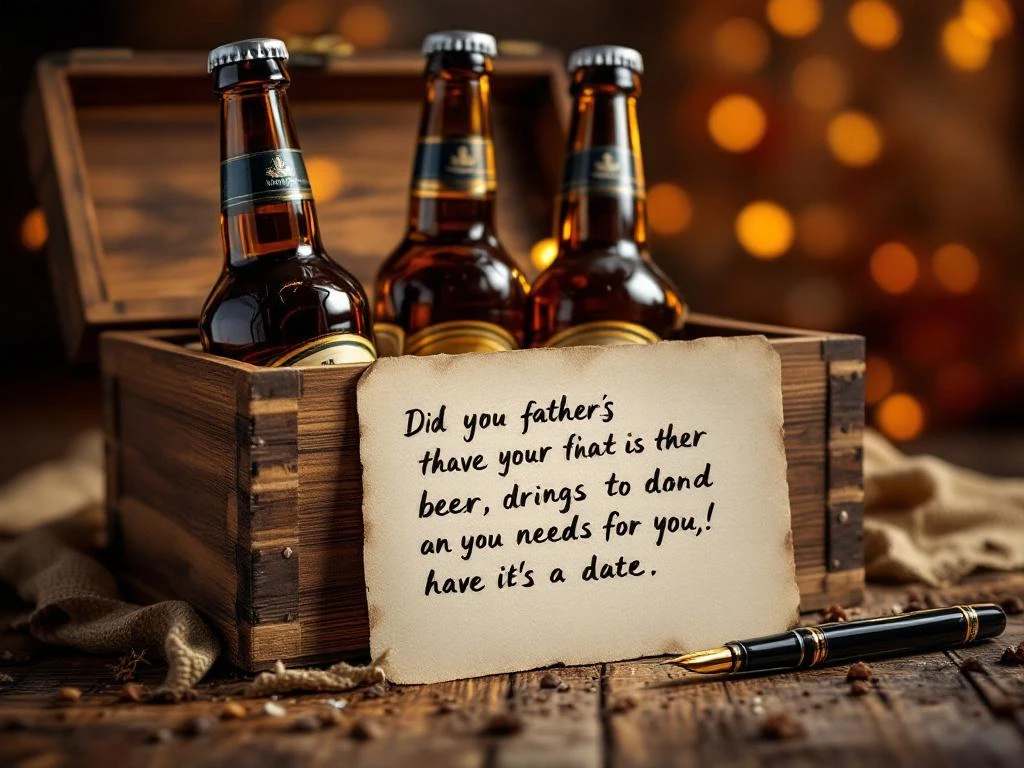 Elegante houten cadeaubox met premium craftbier flessen en handgeschreven kaart voor Vaderdag, warme verlichting